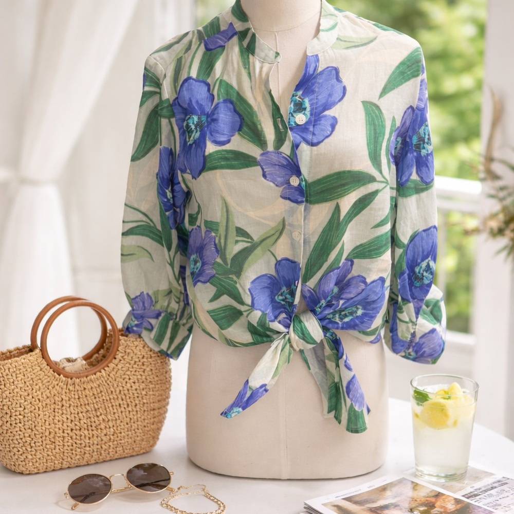 Karen Kane Cream Blouse with Blue Floral Print